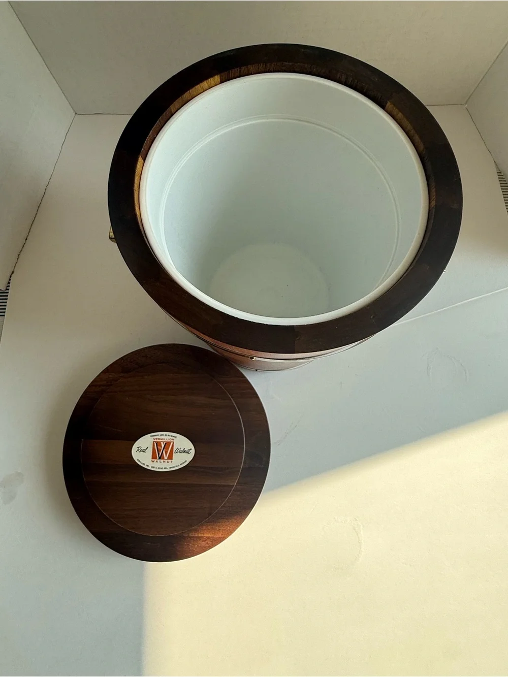 Mid-Century Woodgrain Ice Bucket with Gold Trim - Brown